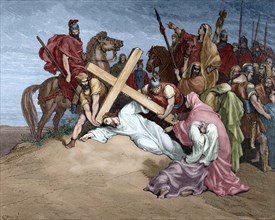 Jesus reaches the top of Calvary. Engraving. 19th century. Colored.