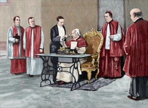 Rome. Pope Leo XIII directs a phonograph message to the American Catholic people on the occasion of his jubilee. Engraving. Colored.