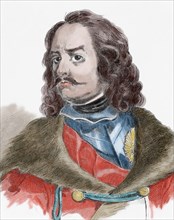 Peter the Great (1672-1725). Emperor of All Russia. House of Romanov. Engraving, 19th century. Colored.