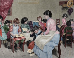 Girls' school. Engraving, 19th century. "La Ilustracion Espanola y Americana". Colored.