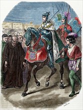 Louis XII (1462-1515) King of France entering the city of Genoa. Engraving, 1851. Colored.