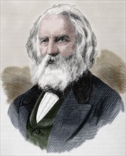Henry Wadsworth Longfellow (1807 - 1882). American poet and educator. Engraving. Colored.