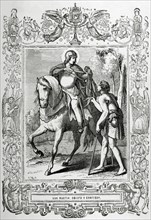 St. Martin of Braga (520-589) sharing his cloak with a beggar. Engraving.