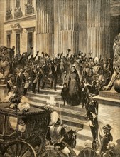 The Regent Queen Maria Christina of Austria (1858-1929) coming out of Congress. Engraving,1886.