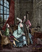 Society. 18th century. Musician. Harpist. Engraving. Colored.