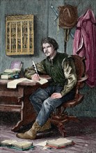 Martin Luther, (1483-1546). German reformer. Luther in Warburg castle. Engraving by G. Spangerberg. Germania, 1882. Colored.