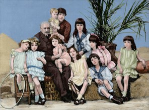 Ferdinand de Lesseps (1805-1894) with his family. Engraving, 1886. Colored.