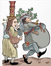 Martin Luther (1483-1546) and his wife Katharina von Bora (1499-1552). Caricature. Colored engraving.
