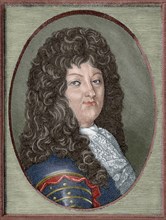 Louis XIV (1638-1715). Engraving. Colored.