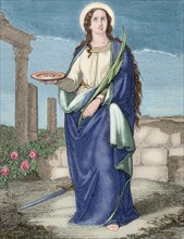 Saint Lucia of Syracuse (283-304). Engraving. Colored.