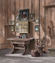 Room of Martin Luther (1483-1546) at Wartburg. Engraving. Colored.