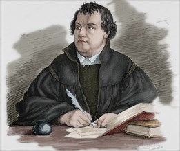 Martin Luther (1483-1546). Engraving. Colored.