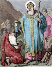 Saint Martial was the first bishop of Limoges in today's France. Died 1st or 3rd centuries. Engraving. Colored.