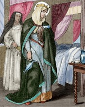 Saint Margaret of Scotland (1045-1093). Known as Margaret of Wessex and Queen Margaret of Scotland. English princes. Engraving. Colored.
