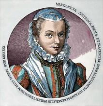 Margaret of Parma (1522-1586). Governor of the Netherlands from 1559-1567 and from 1578-1582. Engraving. Colored.