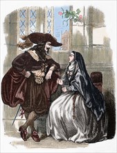 Louis XIII visiting in the convent of the Visitation to Luise de La Fayette (1616-1655). Engraving. Colored.