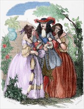 The young king strolling with the Mancini sisters, nieces of Cardinal Mazarin. Engraving. Colored.