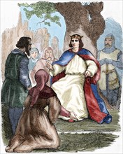 Saint Louis (1214-1270) administering justice under a beech. Engraving. Colored.