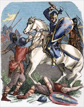 Louis VI (1081-1137) at the Battle of Brenneville, 1119. Engraving. Colored.