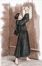 Martin Luther (1483-1546) hanging his 95 theses in Wittenberg, 1517. Engraving. Colored.