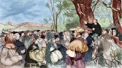 Martin Luther (1483-1546) preaching in Mora. Engraving. Colored.