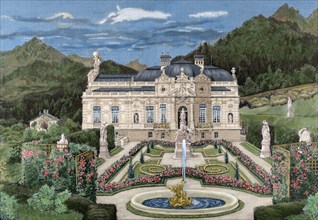 Palace of Linderhof, property of Ludwig II of Bavaria (1845-1886). Colored engraving.