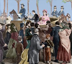 Isabella II of Spain (1830-1904) arriving to Madrid, 1876. Engraving. Colored.