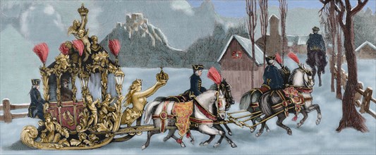 Ludwig II of Bavaria (1845-1886) travelling in sleigh. Engraving. Colored.