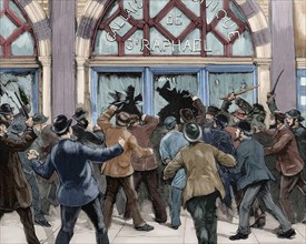 London. Picadilly. Socialist agitation. February 8, 1886. Engraving. Colored.