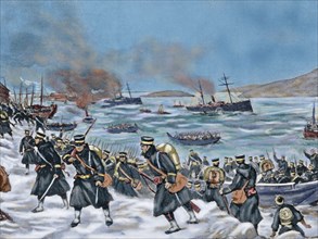 Russo-Japanese War (1904-1905). Landing of Japanese troops in Chemulpo. Colored.