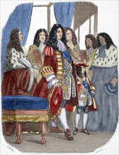 The Regent Philippe of Orleans (1674-1723) with Louis XV (1710-1774). Engraving. Colored.