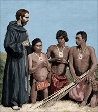 Colombia. Augustinian Recollect friar converting Guahibos Indians. Engraving, 1887. Colored.