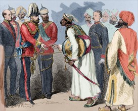 India. Interview between the Prince of Wales with the Maharana of Oudeypour. Engraving. Colored.