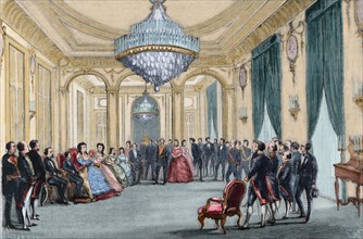 Abdication of Isabella II of Spain (1830-1904). Engraving. Colored.
