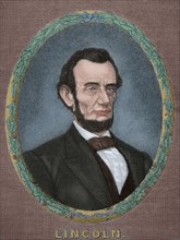 President Abraham Lincoln (1809-1865). Engraving. Colored.