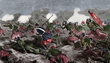 Second Italian War of Independence. Battle of Turbigo , 3 june 1859. Engraving. Colored.