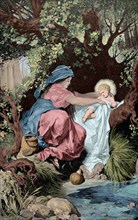 Flight into Egypt. Engraving. Colored.