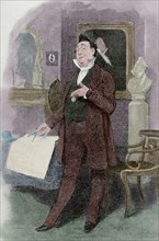 Charles Dickens (1812-1870). "Martin Chuzzlewit", 1843-1844. Character Mr. Pecksniff. La Ilustracion Iberica, 1898. Colored engraving.
