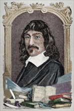Rene Descartes (1596-1650). French philosopher. Engraving by Rousseau. Colored.