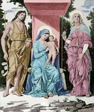 The Virgin and Child with the Magdalene and Saint John the Baptist. Engraving. Colored.