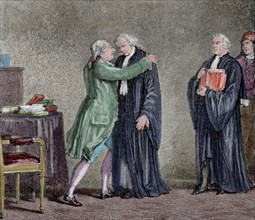 Meeting between Louis XVI and the Minister Lamoignon-Malesherbes Engraving. Colored.