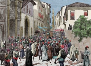 Mahmud Nedim Pasha (1818-1883). Ottoman statesman. Protests in the streets of Istanbul against Minister. Engraving. Colored.