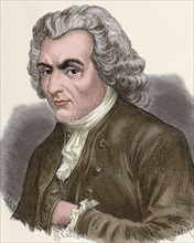 Jean-Jacques Rousseau (1712-1778). Genevan philosopher, writer, and composer. Portrait. Engraving. Colored.