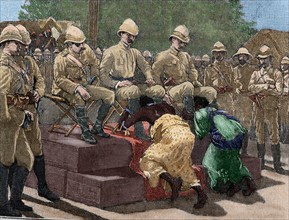 Act of submission of Ashanti king Prempeh before the British representative. Engraving, 1901. Colored.