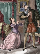 William Shakespeare (1564-1616). English writer. Romeo and Juliet. Juliet begs her father's pardon. Engraving, Colored.