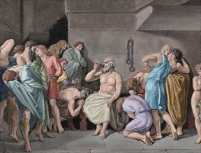 Socrates (c 469 - 399 BC). Classical Greek philosopher. Engraving. Colored.