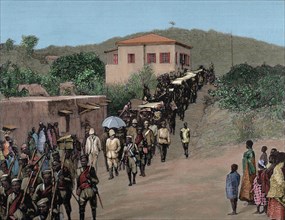 Governor Maxwell returns to Cape Coast Castle, from Cumasia. Engraving. Colored.