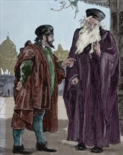 William Shakespeare (1564 - 1616). The Merchant of Venice. Shylock and Tubal. Engraving. Colored.
