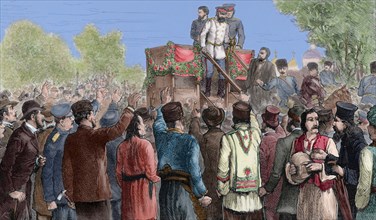 General Alexander Kaulbars interrupted by voters during a speech.
