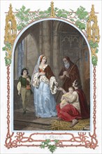 Saint Jane Frances de Chantal giving alms to a needy family.